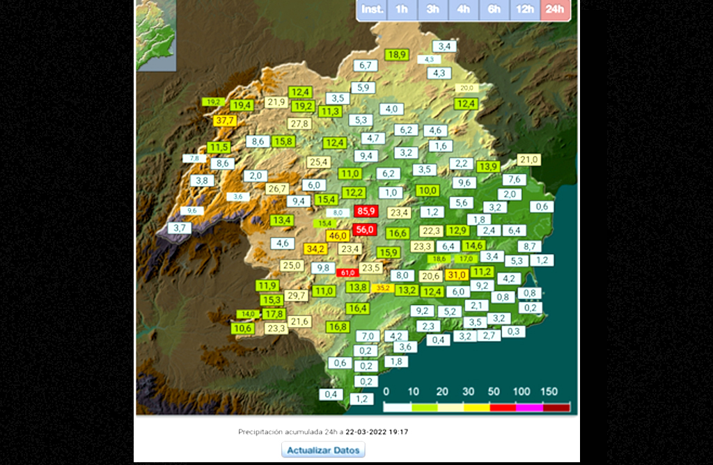Sierra Espuña registra la mayor cantidad de lluvia acumulada en las últimas 12 horas en la Región 